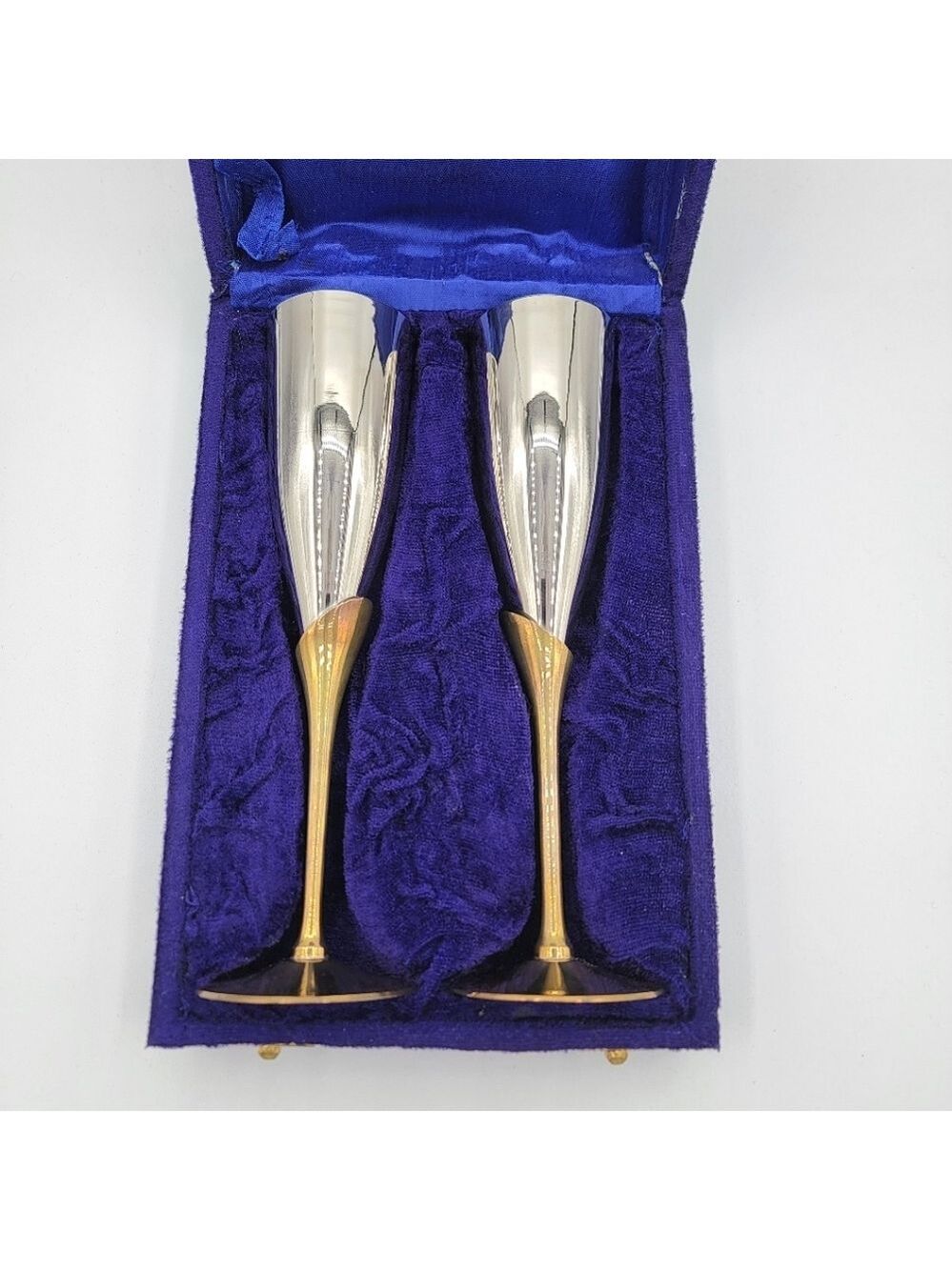 Elegant Silver & Brass Champagne Flutes In Velvet Box #3061